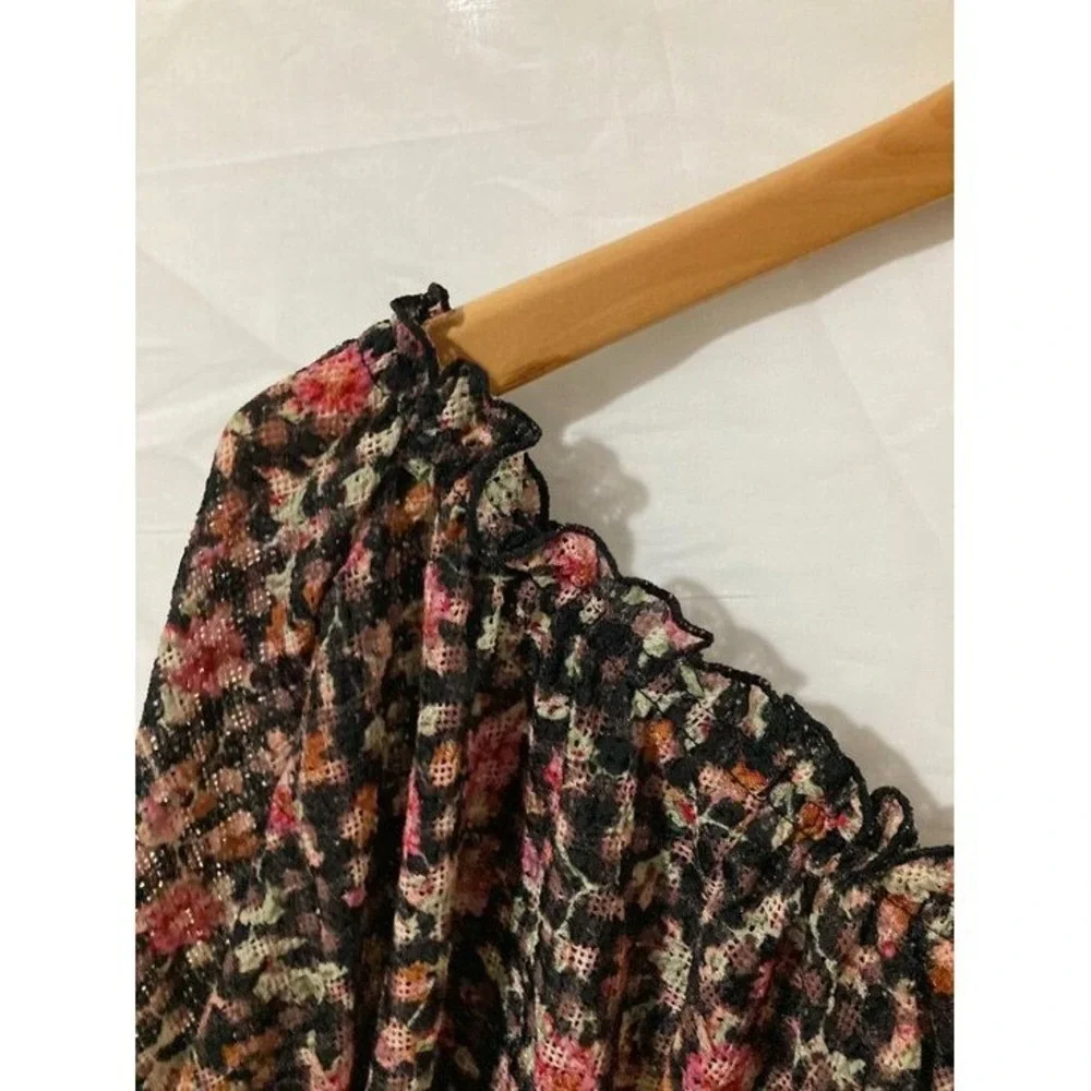 Free People Floral Mesh Blouse Womens Size Medium Black Pink Boho Core 90s Magic